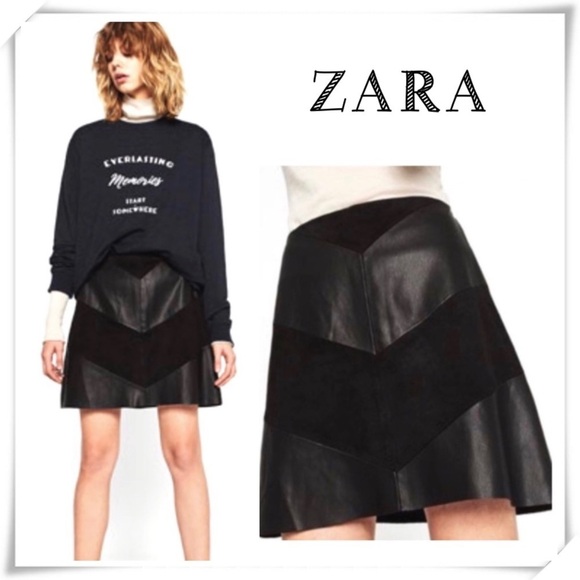 ZARA Zigzag Faux Leather BikerCore Mini Skirt in Black - Picture 1 of 6
